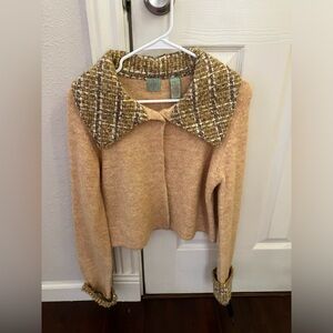 HWR Monogram Anthropologie Tweed Collared Cuff Cardigan Sweater SMALL